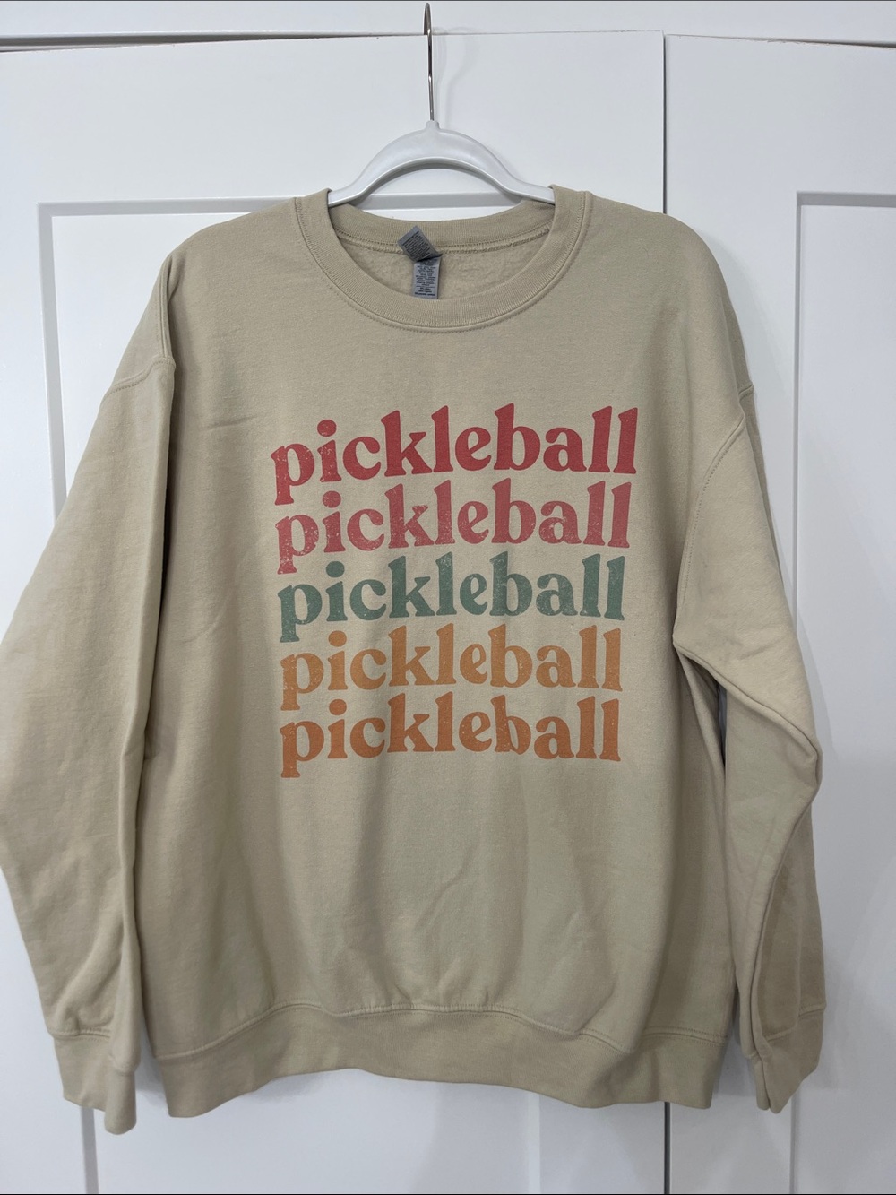 Gildan Beige Crewneck Sweatshirt with Multicolor Pickleball Graphic